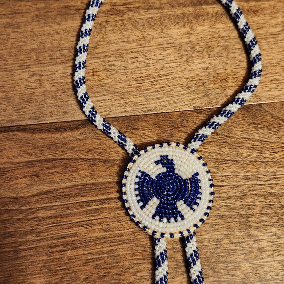 Vintage Native American Beaded Thunderbird Necklace Rope Chain Handmade Bolero - Picture 5 of 6